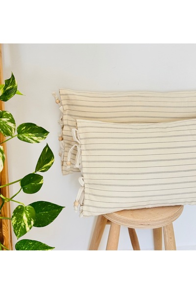 HOUSERİCH Special Design, Linen Throw Pillow Cover with Bead and Tie Detail, Set of 2