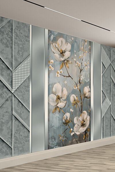 dreamwall Yağlı Boya Dokulu Beyaz Çiçek Desenli Geometrik Panelli Tekstil Duv...