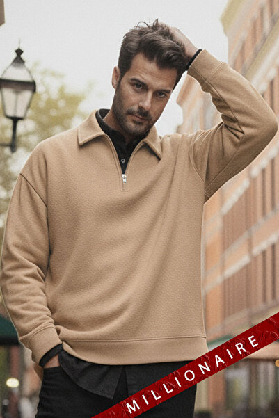Millionaire Erkek Camel Yarım Fermuar Polo Yaka 3 İplik İçi Polarlı Şardonlu Oversize Sweatshirt