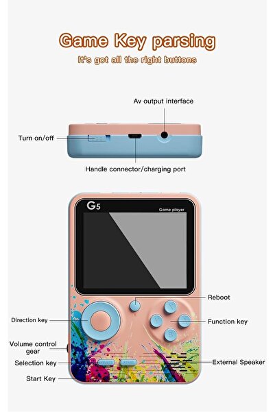 DKH G5 Retro Game Console, 500-in-1 Games, 7.6 cm LCD Screen, TV Output, Rechargeable Battery, Macaron C