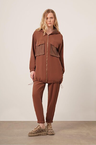 FTZ WOMEN Women's Mesh Detailed Trousers Suit Brown 30713