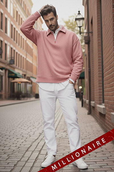 Millionaire Erkek Pembe Yarım Fermuar Polo Yaka 3 İplik İçi Polarlı Şardonlu Oversize Sweatshirt
