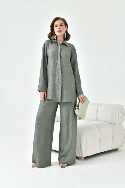 FTZ WOMEN طقم بياقة وأكمام نسائية مرصعة بالأحجار باللون الكاكي 30781