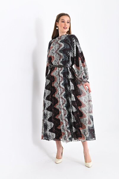 FTZ WOMEN Дамска копринена шифонна рокля Кафе 30451