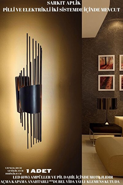 nazarium Sarkıt Aplik Siyah, Duvar Aplik, Pilli Aplik, Led Ampüllü Tekli Duvar Aplik, Duvar Lambası