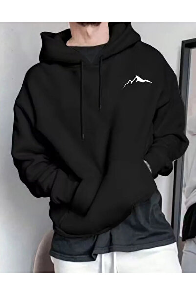 shi dumanlar giyim Oversize Bay Gögüs Dağ Tasarım Baskılı Kapüşonlu Sweatshirt