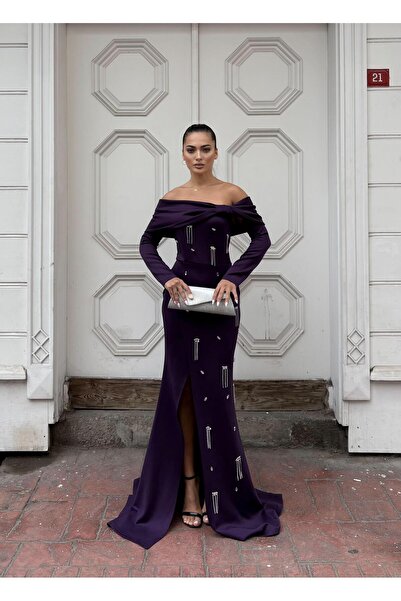 Modafeminen فستان سهرة طويل من قماش السكوبا المرن بتفاصيل فيونكة وفتحة أمامية...