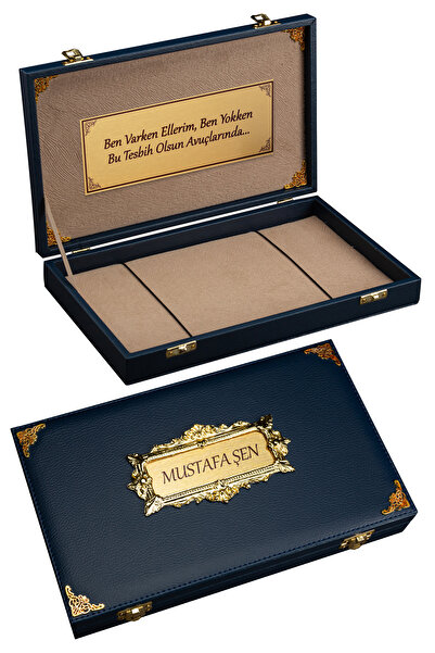 OTTOTESBİH Kişiye Özel Tesbih Kutusu Lacivert Renk Deri Kutu + İsimli Kutu