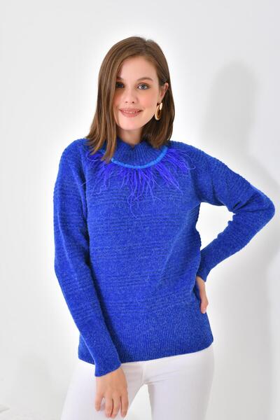 FTZ WOMEN Kadın Tüy Detaylı Kazak Saks Mavi 20516