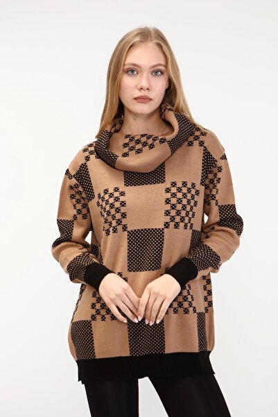 FTZ WOMEN Kadın Desenli Triko Kazak Siyah 21-6021