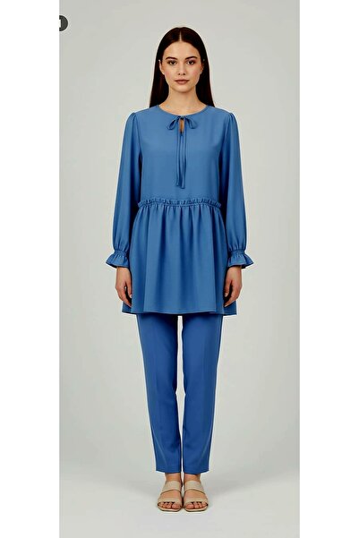 Dagü Design Women's Blue Double Suit with Ruffled Sleeves and Pants