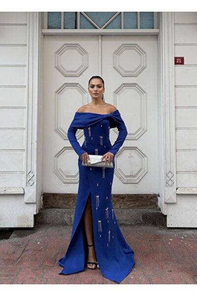 Modafeminen Esnek Scuba Kumaş Fiyonk Öntaş Detaylı Yırtmaçlı Uzun Abiye Elbis...