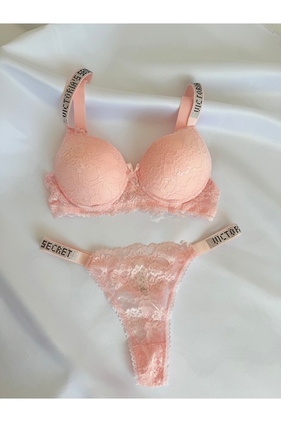dorsha Kadın Toz Pembe Şık Taşlı Dantelli Destekli Kadın Sütyen Ve Tanga Takımı
