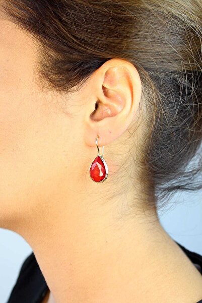 Feyz Tasarım Altın Kaplama Kırmızı Zirkon Taş Küpe