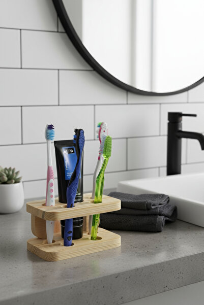 Myend Ahşap Diş Fırçası Standı, El İşçiliği Kedi Detaylı Diş Fırçalık