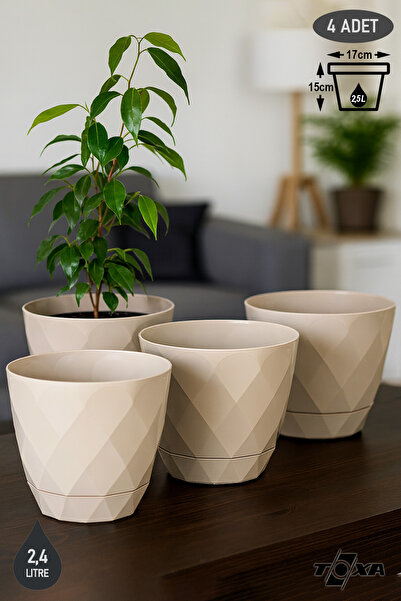 ToXA 4 Adet 2,5 Litre Tabaklı Baklava Desenli Saksı Seti Plastik Prizma Yakamoz Çiçek Saksısı Set