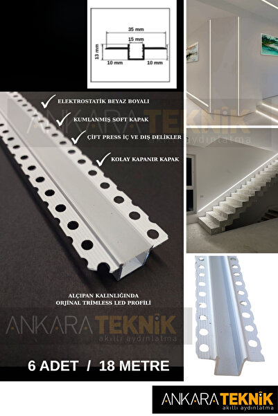 ankarateknik Gömme Led Kanalı 18 Metre (6 BOY) - Sıva Altı Led Kanalı Beyaz - Ankastre Led Kanalı