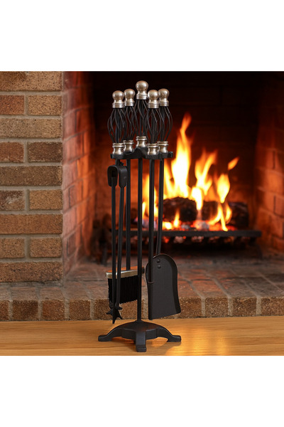 SGTT Metal stand set with 4 fireplace tools, nickel-plated handle, height 66 cm
