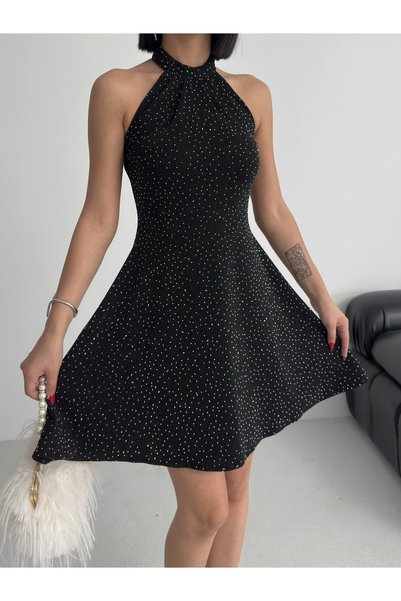 ALFUDO Moda Collection Rochie de seară mini neagră cu imprimeu cu strălucire și pietre, rochie de absolvire