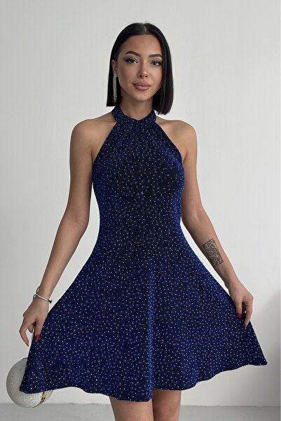 ALFUDO Moda Collection Parıltılı Taş Baskılı Mini Lacivert Abiye Elbise