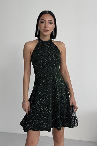 ALFUDO Moda Collection Parıltılı Taş Baskılı Mini Zümrüt Abiye Elbise