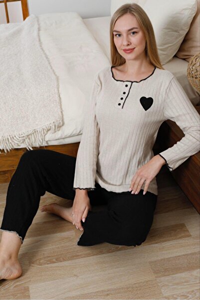 FORVENS Set de pijamale din bumbac brodat cu detaliu inimă