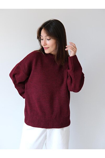Butik Una Fiaba-Bordo Plain Women's Crew Neck Oversized Soft Textured Knit Sw...