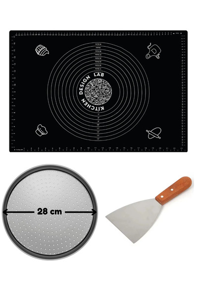 Atlas Mutfak Siyah Hamur Açma Matı 45 X 65 Cm, 28 Cm Pizza Tepsisi Ve Ahşap U...