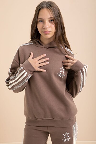 Cansın Mini Кафяв 3-нишкови шарки с дантелени детайли, комплект спортен екип с качулка за момичета 22721