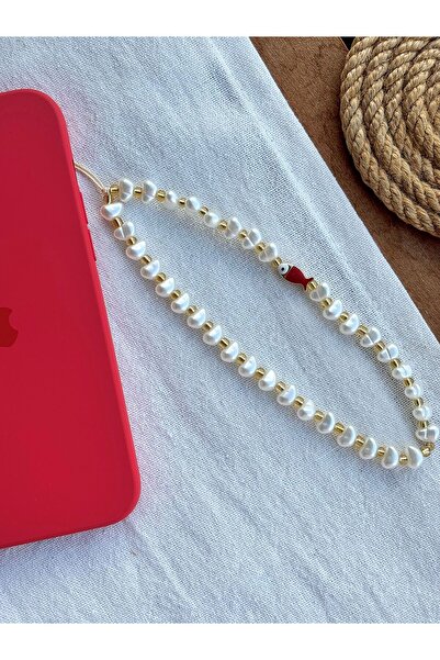 PEONY peonyofficiall Kırmızı Mineli Balık Detaylı Inci Detaylı Telefon Charmı Telefon Ipi