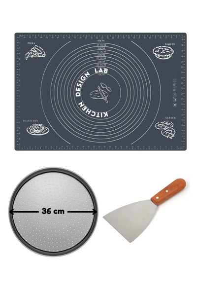 Atlas Mutfak Gri Hamur Açma Matı 45 X 65 Cm, 36 Cm Pizza Tepsisi Ve Ahşap Uzu...