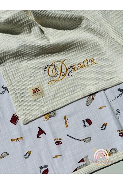 Fulya Tuhafiye Çift Taraflı Kişiye Özel İsim Nakışlı Waffle Pike & Müslin Bebek Battaniyesi 90x100 cm Harry Potter