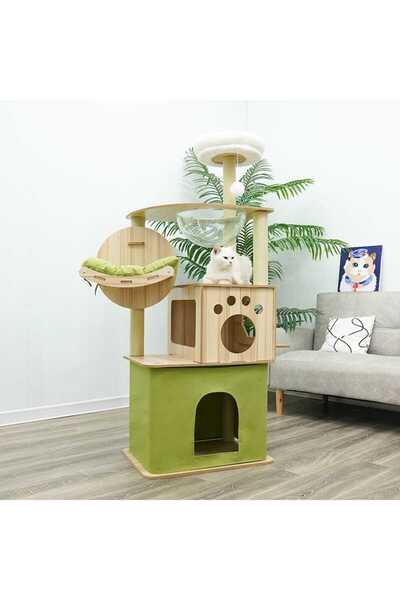 Golden cat Cat tree, Transparent space capsule, Plush jumping platform, Green cotton pad, - 55cm x 40cm x 150cm