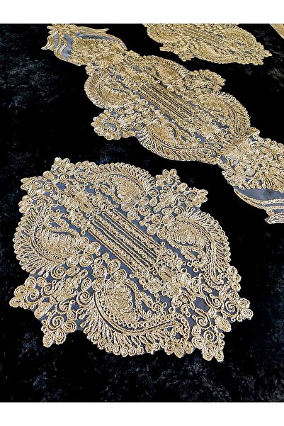 Çt Çeyizci Tekstil Living Room Set, Bedroom 3 Piece Coffee Table Cloth, Table Cloth 3 Piece Room Set - Gold Color