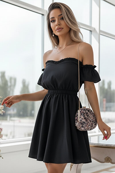 FASHION COCKTAIL Doğal Keten Kumaşlı Puf Kol Kabarık Straples Elbise Siyah