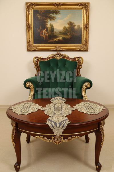 Çt Çeyizci Tekstil Salon Takımı, Yatak Odası 3 Parça Sehpa Örtüsü, Masa Örtüs...