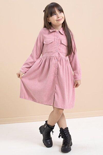 Cansın Mini Gülkurusu Kız Çocuk Cep Detaylı Kadife Desenli Elbise 21549