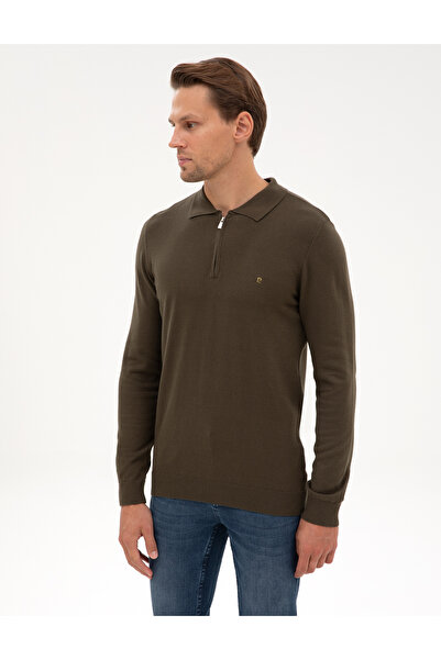 Pierre Cardin Khaki Slim Fit Polo Neck Zippered Basic Knitwear Sweater 50314191-Vr027