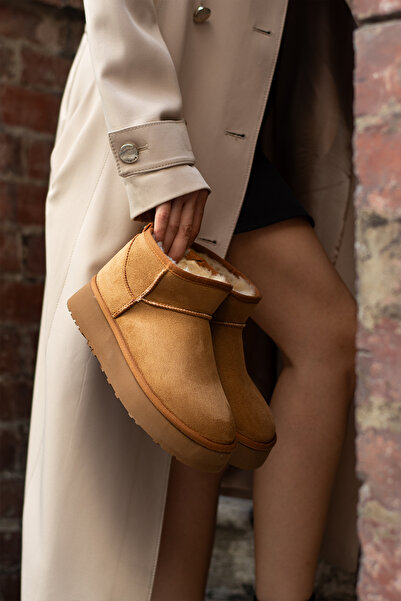 DESPİNA KELY Kadın Kahverengi Süet Kalın Taban İçi Kürklü Mini Rahat Taban Kadın Bot