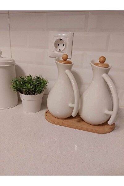 Amentes Porselen 2'li 750ml Yağdanlık Bambu Standlı Büyük Boy Yağlık Sıvı Yağ...