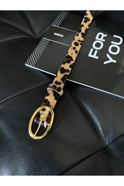 Fiori Oval Gold Tokalı Leopar Kadın Pantolon Kemeri, Ceket Kemeri, Elbise Kemeri, Gömlek Kemeri