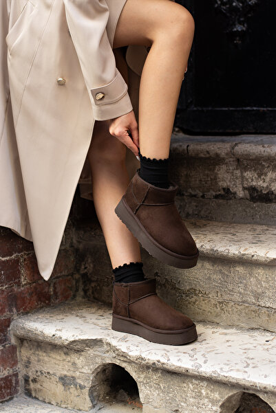 DESPİNA KELY Kadın Kahverengi Süet Kalın Taban İçi Kürklü Mini Rahat Taban Kadın Bot