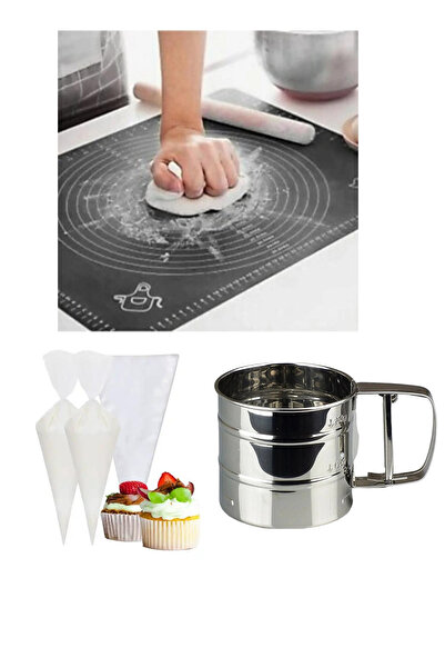 Atlas Mutfak بساط لف العجين من السيليكون مقاس 45 × 65 سم ومنخل دقيق فولاذي وم...