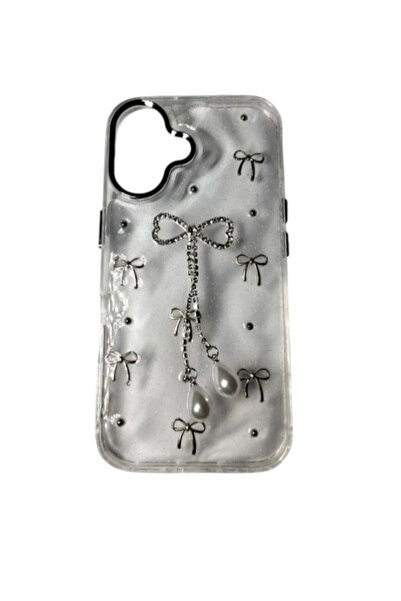 Fancy İphone 16 Fiyonklu Taşlı Şeffaf Sert Silikon