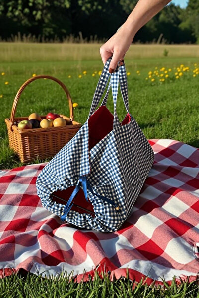 Aysha co Borcam Tencere ve Yemek Kabı Taşıma Çantası - Çift Taraflı Kullanım Kırmızı /Lacivert D.Keten Kumaş