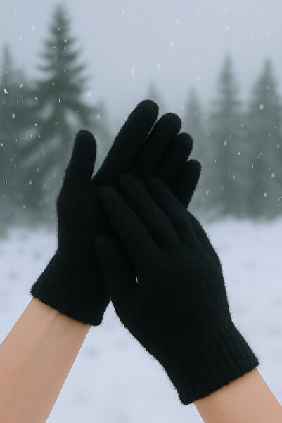 Butik Siyah Peluş kışlık yumuşak dokulu eldiven (standart)
