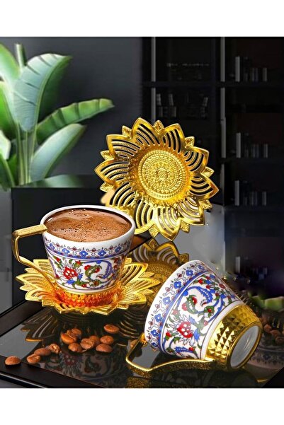 KT HOME Turkish Coffee Presentation Set for 2 People Silver Gold Coffee Cup Set Topkapi Coffee Cup Set of 2