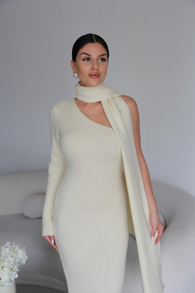 Julidress Krem Şal Detaylı Tek Omuz MAXİ UZUN Boy Triko Elbise