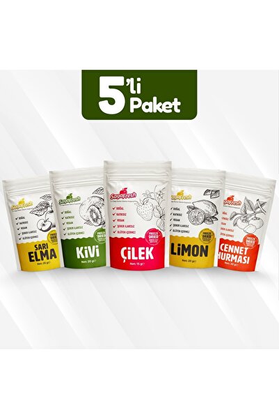 SagaFresh Dondurularak Kurutulmuş Meyve 5'li Set 1 (Kivi 20g,Sarı Elma 25g,Li...