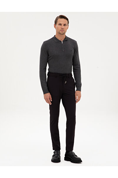 Pierre Cardin Siyah Slim Fit Beli Lastikli Kordonlu Jogger Kanvas Pantolon 50317281-VR046